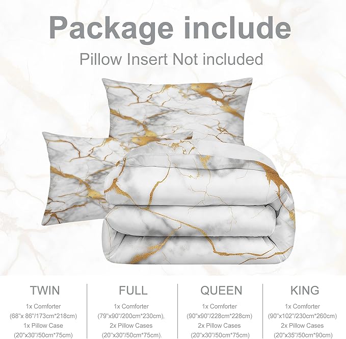 White Gold Marble Bedding Set for Kids Teens Adults Glitter Gold Stripes Marbling Bed Set Grey White Luxury Metallic Marbled Comforter Set Full Size 3 Pcs (1 Comforter & 2 Pillow Cases