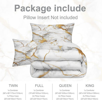 White Gold Marble Comforter Set Twin Size Grey White Gold Marbling Bedding Set for Kids Teens Adults Metallic Marbled Bed Set Glitter Gold Stripes Quilt Set with 1 Comforter + 1 Pillow Case