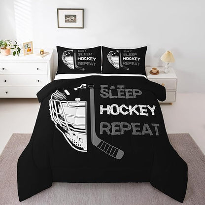 Erosebridal Ice Hockey Queen Comforter Set,Winter Sports Bedding for Teens Adult,Grey Eat Sleep Hockey Sketch Quilt Inner Fill,Boys Ball Game Duvet Insert with 2 Pillowcases for All Season Use