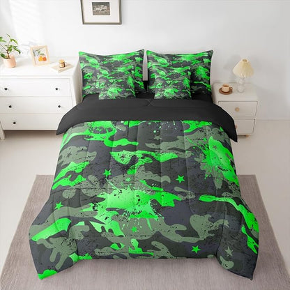Erosebridal Camouflage King Comforter Set Watercolor 7-Piece Bed in A Bag Stars Ombre Watercolor Camo Ink Splash Sheets and Pillowcases Grey Green Bed Sets