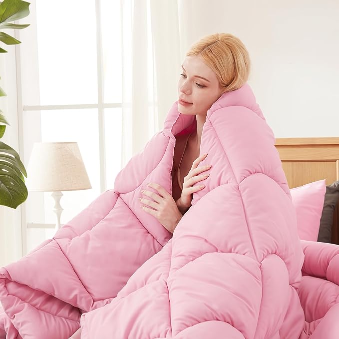 Decroom Lightweight Twin Comforter Set with 1 Pillow Sham - 2 Pieces Set - Quilted Down Alternative Comforter/Duvet Insert for All Season - Pink - Twin/Twin XL Size