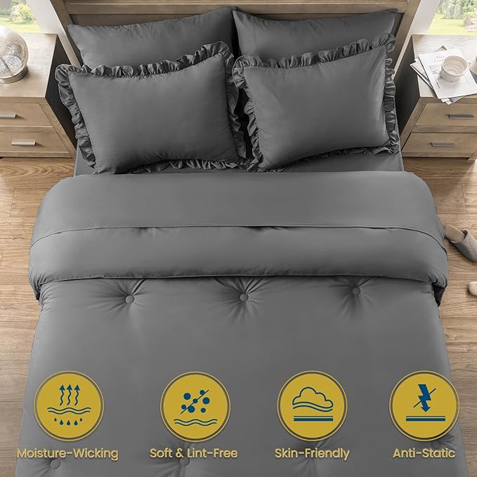QUIETSEA King Size Bed in a Bag 7 Pieces King Size Comforter Set, Ruffle Shabby Chic Bedding Comforter Set Dark Grey Bed Set with Comforter, Pillowcases, Flat Sheet, Fitted Sheet and Pillow Shams