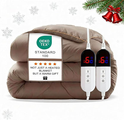 Electric Blanket King Size - Dual Control Heated Blanket King Size, Fast Heating with 10 Time Settings & 6 Heat Settings, Warm Gift (Khaki, King 90" x 104")