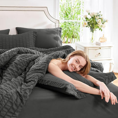 CozyLux Twin XL Comforter Set with Sheets Seersucker Dark Grey 5 Pieces Bed in a Bag, Twin Extra Long Luxury Bedding Sets for College Dorm with Down Alternative Comforter, Sheets, Pillowcases & Shams