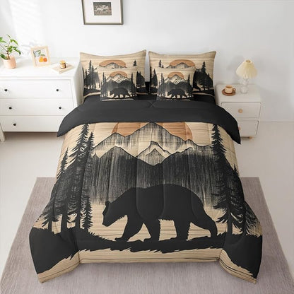 Erosebridal 7 Pieces Bear Bedding Set King Size for Kids Teens Adults - Black Woodland Forest Comforter Set with Sheets Country Bear Hunting Bed in A Bag Mountain Animal Rustic Cabin Lodge Bed Sets