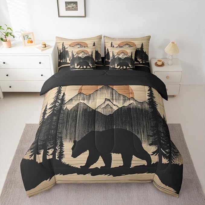 Erosebridal 7 Pieces Bear Bedding Set Twin Size for Kids Teens Adults - Black Woodland Forest Comforter Set with Sheets Country Bear Hunting Bed in A Bag Mountain Animal Rustic Cabin Lodge Bed Sets