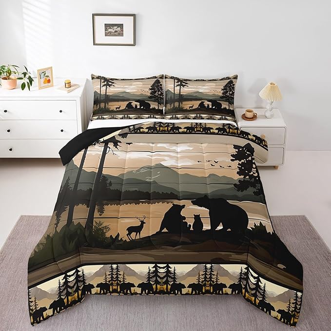 Feelyou Retro Bear Family Bedding Set Wild Animal Hunt Comforter Set for Kids Boys Girls Rustic Farmhouse Comforter Retro Cabin Quilt Set Bedroom Collection 3Pcs Full Size
