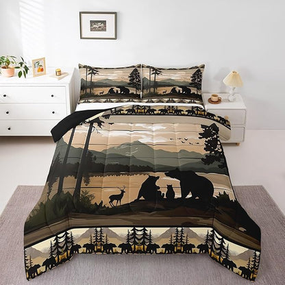 Feelyou Retro Bear Family Bedding Set Wild Animal Hunt Comforter Set for Kids Boys Girls Rustic Farmhouse Comforter Retro Cabin Quilt Set Bedroom Collection 3Pcs Full Size
