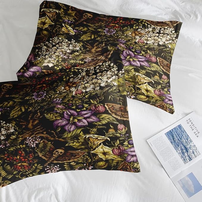 Comforter Set King Size, Moth Witch Retro Soft 3 Pcs Bedding for Kids and Adults, Vintage Flower Plants Comforter Set with 2 Pillowcases, for Bedroom Bed Decor