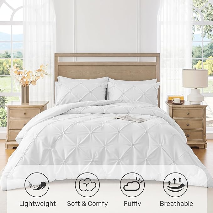 UNIKOME King Size Comforter Set White - Ultra Soft Boho Pintuck Down Alternative Bedding Set for All Seasons, 3 Pieces Lightweight Warm Pinch Pleat Bed Set with Comforter, 2 Pillowcases