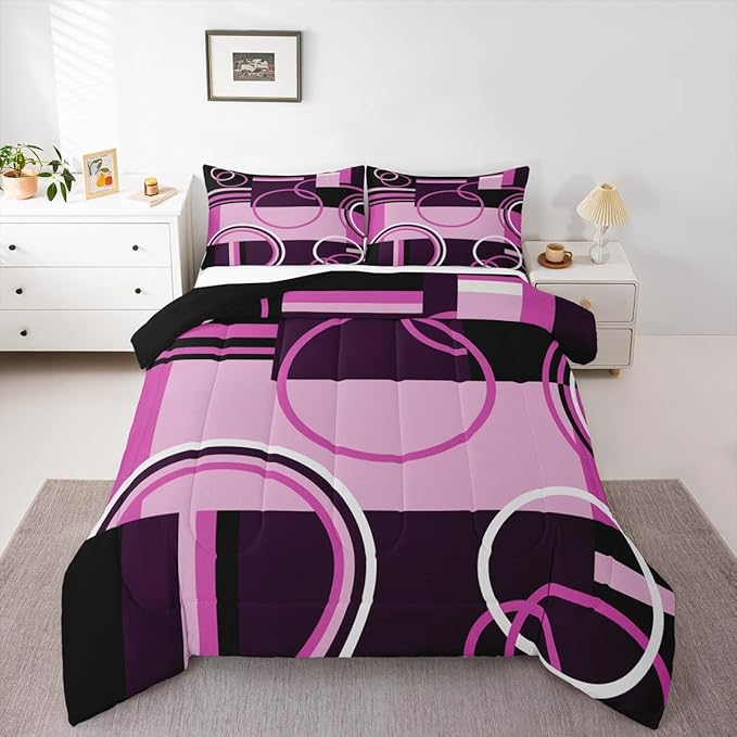 Vintage Swirls Bedding Set - Full Purple, Black, Grey Duvet Set with Retro Graphic Patchwork Quilt, Soft Microfiber Down Comforter, 3Pcs