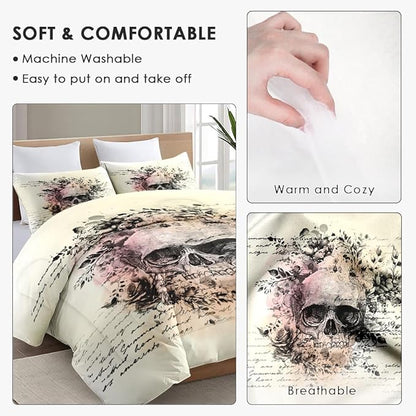 Full Size Comforter Set with 2 Pillowcases, Rock Goth 3 Pcs Bedding for Adults, Retro Gothic Soft Comforter Set for Bedroom Bed Decor