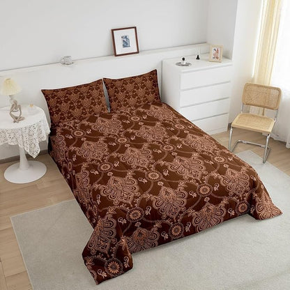 Feelyou Adults Brown Vintage Damask Floral Comforter Set Antique Drawing Classical Paisley Comforter Full Size Gothic Bohemia Boho Floral Bedding Set Hotel Style Duvet Set Quilt Set 3Pcs