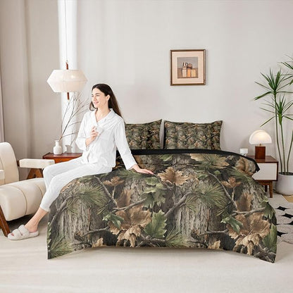 Erosebridal Camo Hunting 7 Piece Bedding Set King Rustic Camouflage Comforter Set with Sheets Woodland Cabin Tree Leaves Bed in a Bag Camping Farm House Bed Sets Comforter