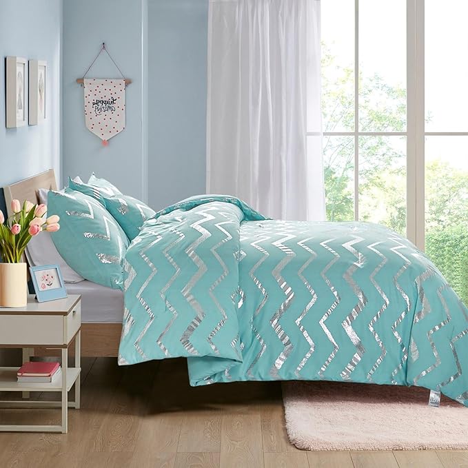 Menghomeus Aqua Comforter Set Full Size Metallic Teal and Silver Bed Comforter 4 Piece Lightweight Microfiber Bedding for Teen Girls Boys (2 Pillow Case + 1 Decorative Pillow Sham)