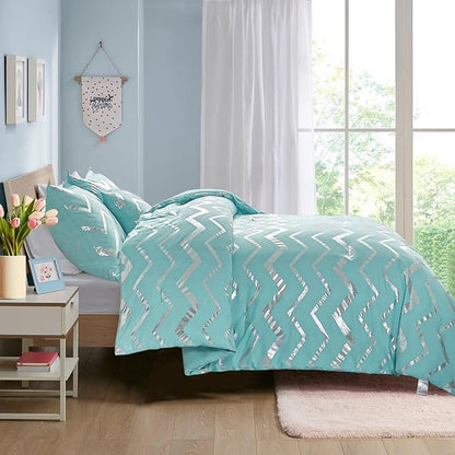 Menghomeus Aqua Comforter Set Full Size Metallic Teal and Silver Bed Comforter 4 Piece Lightweight Microfiber Bedding for Teen Girls Boys (2 Pillow Case + 1 Decorative Pillow Sham)