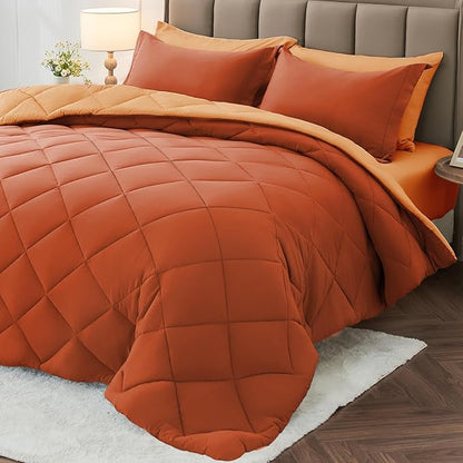 MUXHOMO 5 Pieces Twin XL Comforter Set, Reversible Bed in a Bag Twin XL Size, All Season Bedding Set with Comforter, Flat Sheet, Fitted Sheet, Pillowcases & Shams, Burnt Orange & Camel