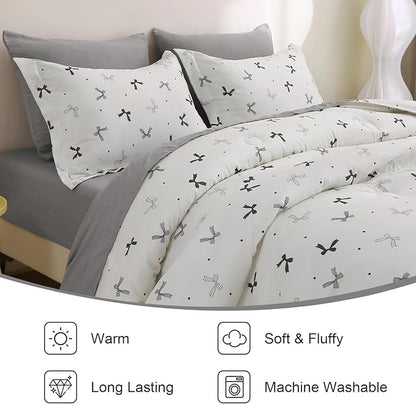 7 Pieces Black Bow Comforter Set for Girls Kids Soft Fluffy Bedding Set Twin Size Bed in A Bag as Gifts (1 Comforter, 1 Flat Sheet, 1 Fitted Sheet, 2 Pillowcase and 2 Pillow Sham)