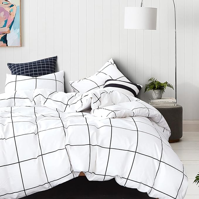 KAREVER White Grid Comforter Set Bedding Set Cal King White Black Plaid Printed Stripes Women 3 PCs Checkered Bed Set