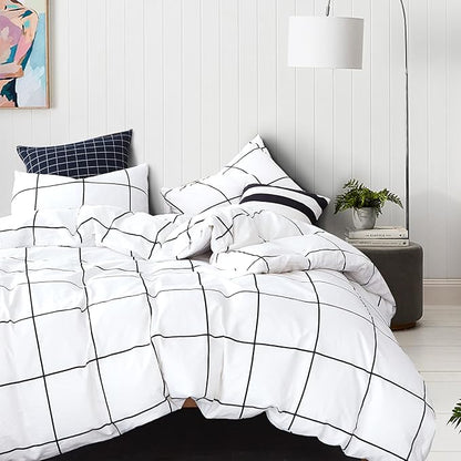 KAREVER White Grid Comforter Set Bedding Set Cal King White Black Plaid Printed Stripes Women 3 PCs Checkered Bed Set