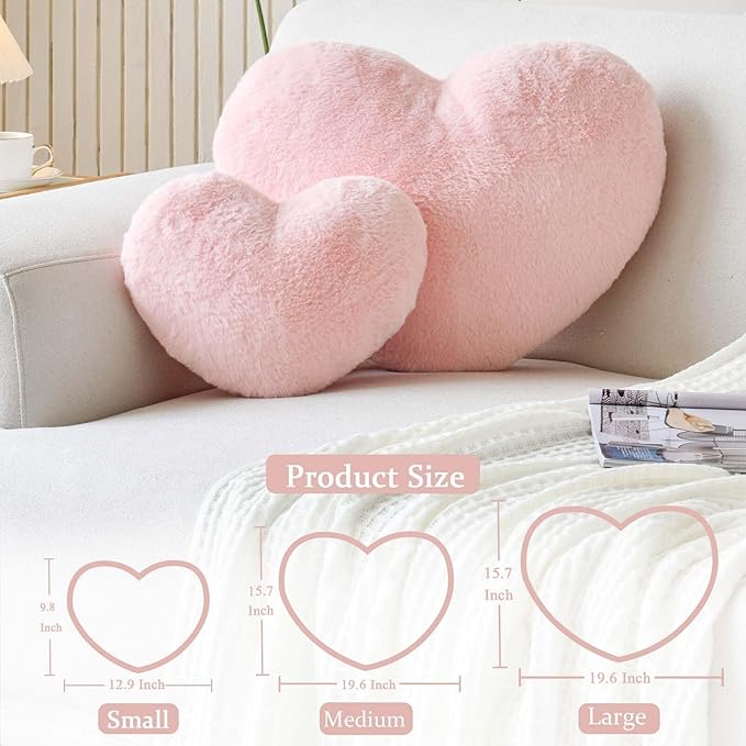 Pink Heart Pillows, Cute Heart Decorative Pillow, Heart Shaped Throw Pillows for Bed, Faux Rabbit Fur Plush Hoom Decor Pillow Cushion for Chair Sofa Living Room (Medium-15.7"x11.8")