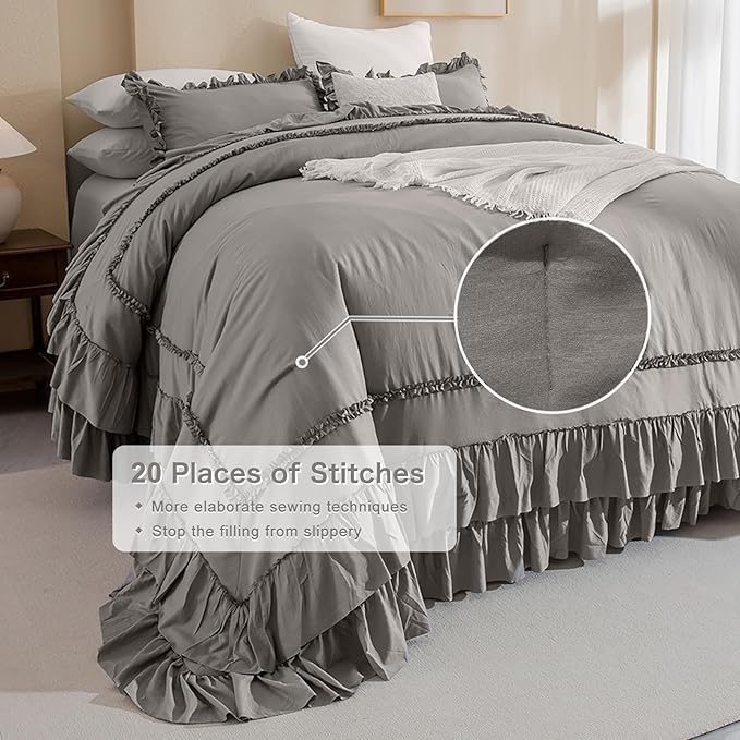 QSH Grey Oversized California King Ruffled Bed Comforter Set 128x120, Farmhouse Vintage Chic Comforter Set Gray French Country Bedding Comforter Soft Microfiber Fluffy Bedding 3 PCs