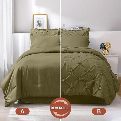 JOLLYVOGUE Olive Green King Size Comforter Sets 7 Pieces, Pintuck Bed in a Bag Comforter Set for Bedroom, Bedding Comforter Sets with Comforter, Sheets, Ruffled Shams & Pillowcases