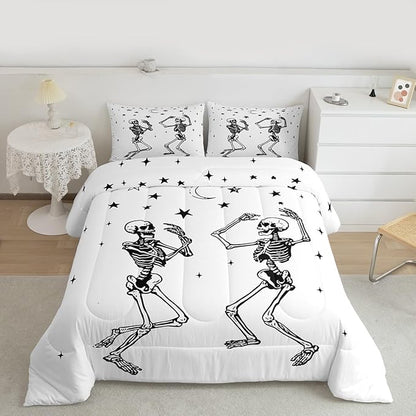 Erosebridal Halloween Skull Comforter Set Twin, Dancing Skull Bedding Set, Gothic Skeleton Comforter, Star Quilt with 1 Pillowcase for Kids Boys Teens Men Vintage Halloween Decor