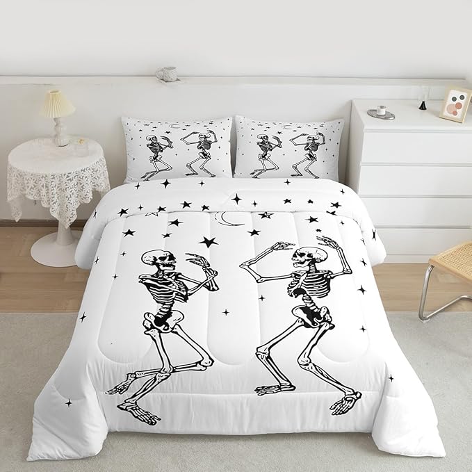 Erosebridal Halloween Skull Comforter Set King, Dancing Skull Bedding Set, Gothic Skeleton Comforter, Star Quilt with 2 Pillowcases for Kids Boys Teens Men Vintage Halloween Decor