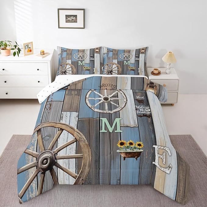 Rustic Farmhouse Quilt Set Full For Men Western Country Cabin Bedding Set Farm Animal Sunflower Comforter Set Retro Barn Door Wheel Windmill Duvet Insert Grunge Brown Planks Decor 2 Pillow Cases