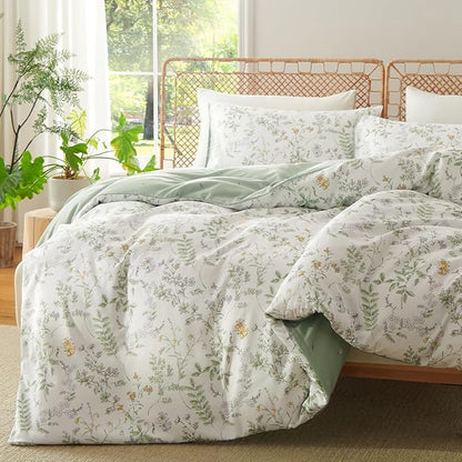 Botanical Comforter Set Queen Sage Green Reversible Floral Bedding Set Farmhouse Leaf Bedding 3Pcs Modern Aesthetic Comforter with 2 Pillowcases Ultra Soft Breathable