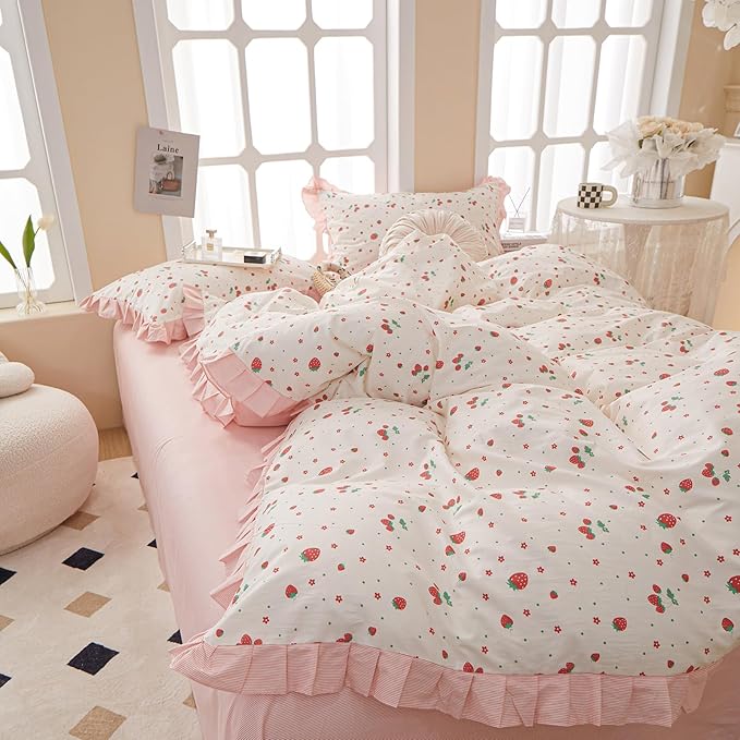 HighBuy Full Comforter Set Strawberry Print Comforter Cozy Soft Ruffled Bedding Set White Pink Cute Girl Bedding Comforter Set Full Bed Set Fluffy 1 Ruffle Comforters with 2 Pillowcases