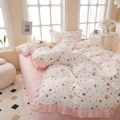 HighBuy Strawberry Print Comforter Set Twin XL White Pink Ruffle Strawberry Bedding Set for Toddler Baby Girls Boy Ruffle Comforter with 2 Pillowcases Fluffy Cute Bedding Comforters Twin