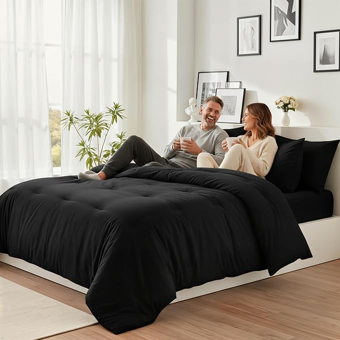 King Size Comforter Set 7 Pieces - Soft Bed in a Bag King Bed Set Black, Cozy Luxury Bedding Sets with All Season Comforter, Flat Sheet, Fitted Sheet, 2 Pillowcases & 2 Shams