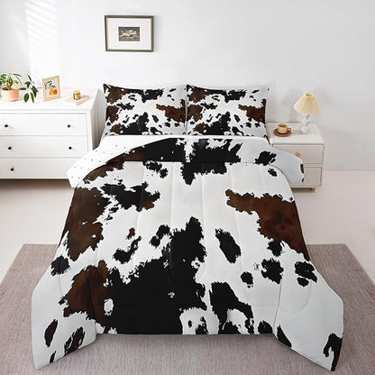 Feelyou Black Cow Fur Printed Comforter Set for Kids Boys Girls Western Cowboy Comforter Cowhide Pattern Bedding Set King Size Bedroom Decor Farm Animal Skin Duvet Set Quilt Set 3Pcs