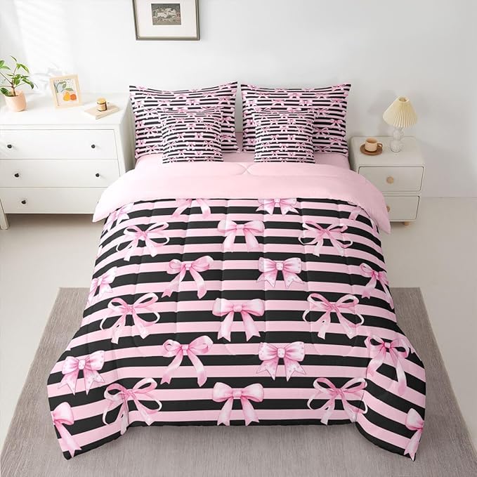 Erosebridal Kawaii Cute Pink Black Girls Bowknot King 7-Piece Comforter Set | Bow Y2K Kids Sheets and Pillowcases Geometric Bed in A Bag Stripe Bed Sets