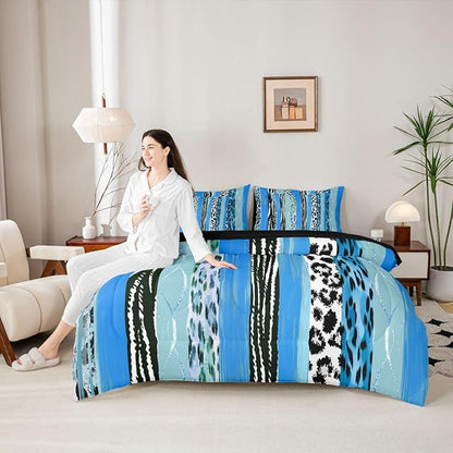 Erosebridal White Blue Animal Skin Pattern Geometric King 7-Piece Comforter Set | Leopard Print Stripe Sheets and Pillowcases Women Men Adults Bed in A Bag Cheetah Fur Bed Sets