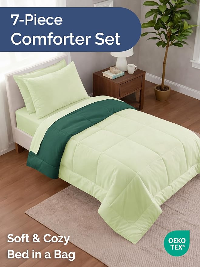 Twin Comforter Set - 5 Piece Bed in a Bag Twin Size Bed Set - Down Alternative Comforter, Flat Sheet, Fitted Sheet, Pillowcase & Sham for All Seasons - Soft, Comfy & Breathable - Light Sage/Emerald