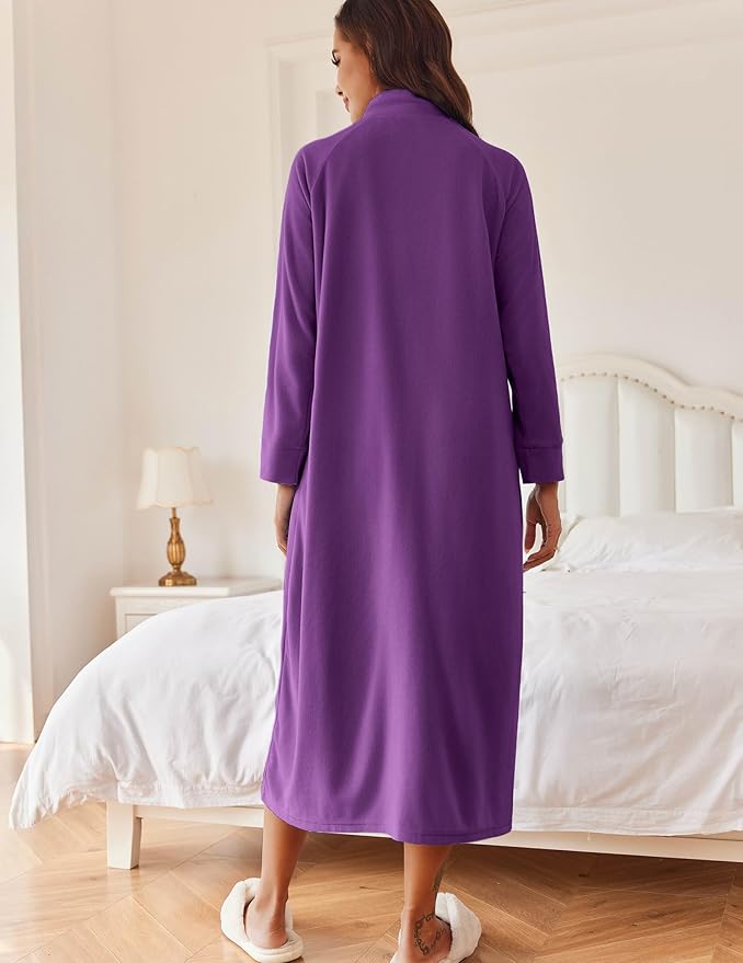 Ekouaer Women Zipper Robe Long Sleeves House Coat Soft Bathrobe Sleepwear with Pockets Housecoat Loungewear