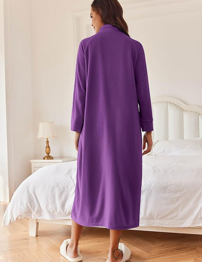 Ekouaer Women Zipper Robe Long Sleeves House Coat Soft Bathrobe Sleepwear with Pockets Housecoat Loungewear