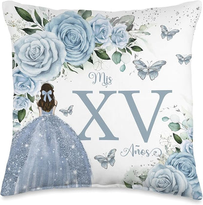 Baby Blue Floral Roses Princess Quinceañera Mis XV Años Throw Pillow