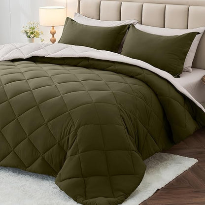 MUXHOMO 5 Pieces Twin XL Comforter Set, Reversible Bed in a Bag Twin XL Size, All Season Bedding Set with Comforter, Flat Sheet, Fitted Sheet, Pillowcases & Shams, Olive Green & Beige