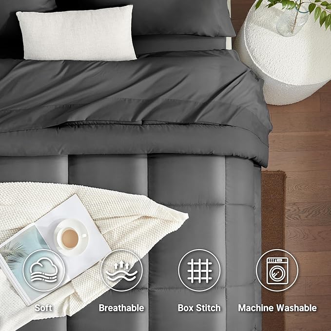 SunStyle Home Dark Grey Full/Queen Comforter Set - 7 Pieces Bed in a Bag, Lightweight Goose Down Alternative Bedding Sets with All Season Comforter, 1 Flat Sheet, 1 Fitted Sheet, 4 Pillowcases