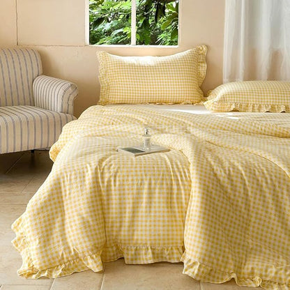 NSNLGSGC Yellow Ruffle Gingham Comforter Set Queen, Pre-Washed Ruffled Plaid Checked Comforter Bedding, 3 Pieces Vintage Farmhouse Grid Bedding Set(Yellow Gingham, Queen)