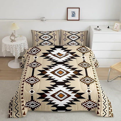 Feelyou Beige Brown Western Bedding Set Full Size Southwestern Aztec Comforter Set Country Tribal Native American Rustic Duvet Quilt