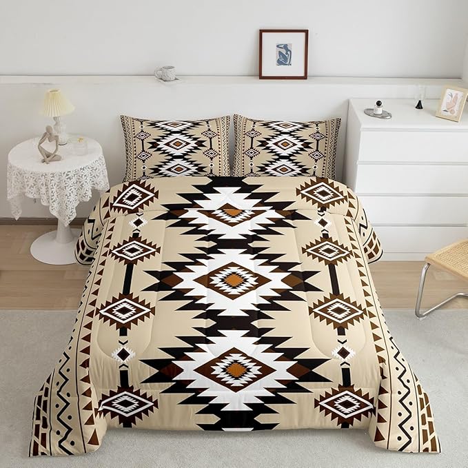 Feelyou Beige Brown Western Bedding Set Twin Size Southwestern Aztec Comforter Set Country Tribal Native American Rustic Duvet Quilt