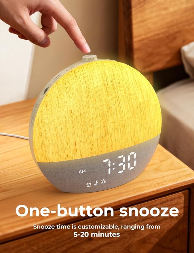 LIORQUE Sunrise Alarm Clock, Digital Alarm Clocks Bedside, 30 Sleep Sounds, Sleep Timer, Adjustable Volume & Brightness,Screen Free Design, Bluetooth, Wake up Light with White Noise for Heavy Sleepers
