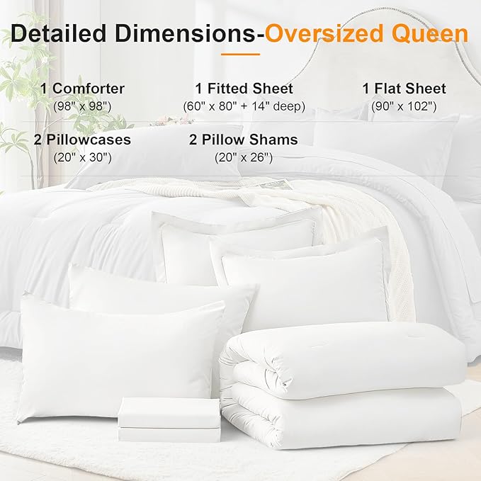Oversized Queen Comforter Set 7 Pieces - Ultra-Soft Bed in a Bag, Cozy Luxury All Season Bedding Sets with Comforter, Flat Sheet, Fitted Sheet, 2 Pillow Shams & 2 Pillowcases, White
