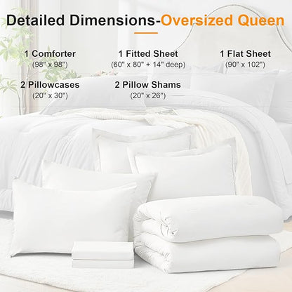 Oversized Queen Comforter Set 7 Pieces - Ultra-Soft Bed in a Bag, Cozy Luxury All Season Bedding Sets with Comforter, Flat Sheet, Fitted Sheet, 2 Pillow Shams & 2 Pillowcases, White