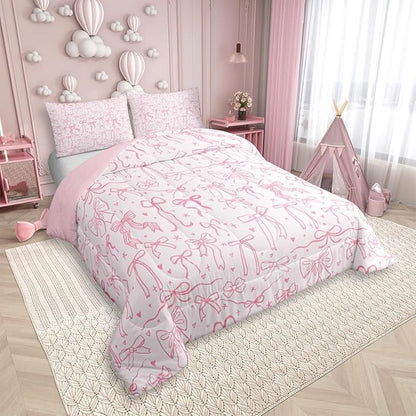 Pink Bowknot Kids Comforter Set Twin Size,Princess Girl Bedding Sets,Cartoon Bow Tie Butterfly Knot Quilt Set Bow Stars Love Pink Sweet Girly Duvet Insert Child Teens Woman Room Decor 2Pcs